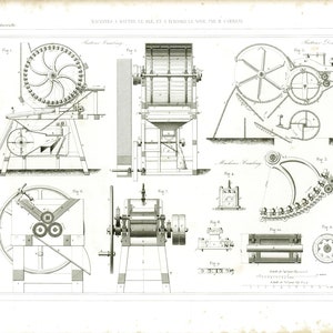 Può includere: Illustrazione tecnica dettagliata di varie macchine agricole, tra cui una trebbiatrice e altre attrezzature per la lavorazione. Il disegno è in bianco e nero, con componenti meccanici dettagliati e diagrammi etichettati.