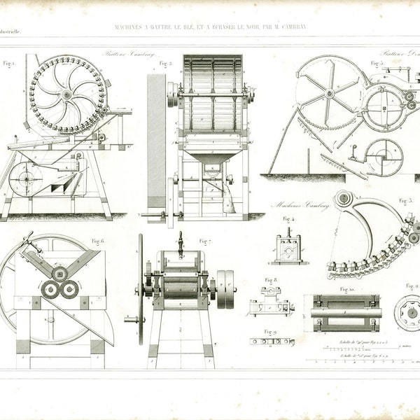 1843 Threshing machine Thresher Old Style Print Antique Farm Equipment machinery Patent Armengaud. Farming wall art decor