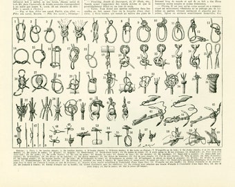 1933 Antique Knot Chart. Knot tying. Fishing Knot. Original French Larousse antique illustration. 115 Years Old.