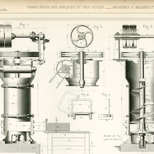 1871 Ziegel- und Fliesenformmaschine. Original-Patentplan von Armengaud „Industrielle Veröffentlichung“, Industriedesign.