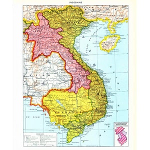 1933 Karte von Indochina, Original-Plattenatlas Geographie Larousse Großformat, Asien