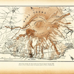 Mappa di 1908 dei flussi di lava del Vesuvio del 1631 al 1865. Originale geografia geologia Board