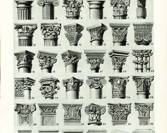 1933 Antique Chapiter forms Print. Capital Column Pilaster Architectural Doric Corinthian Ionic Composite Gothic Order Wall Art