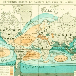 1897 Zoutgehalte van zeewater, groot formaat, wereldgetijdenkaart Originele Larousse-plaatillustratie 115 jaar oud