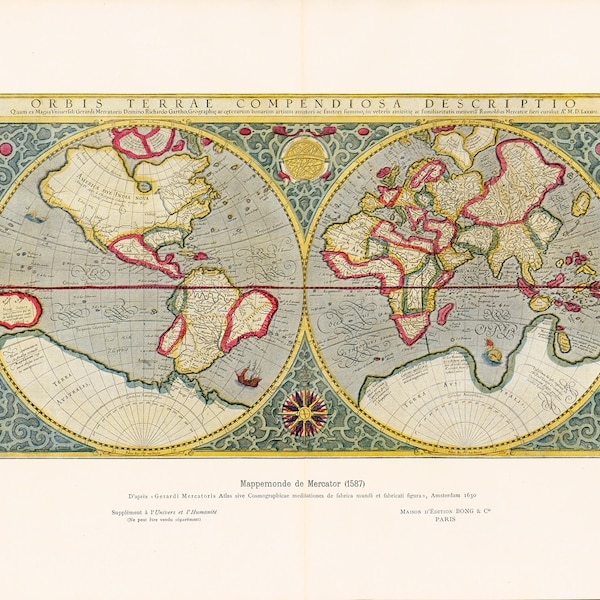 1908 Mappemonde de Mercator Planche Ancienne Carte de la Terre 16ème s., Planisphère du globe terrestre, Carte marine ancienne