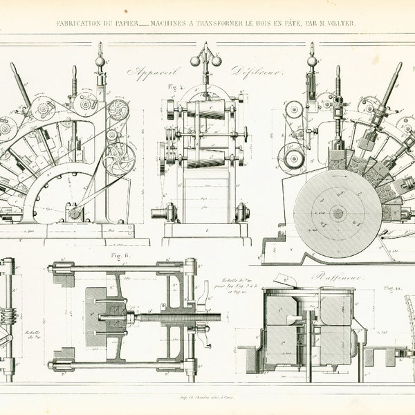 1855 Maschine zur Herstellung von Zellstoff. Papierherstellung. Ursprünglicher Patentplan, Armengaud. 41x27cm