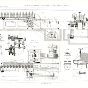 Op de afbeelding: Een gedetailleerde technische tekening van een machine voor het schaven en groeven van hout. De tekening toont de verschillende componenten en mechanismen van de machine, inclusief tandwielen, riemen en assen. De tekening is gelabeld met nummers en letters om de verschillende onderdelen te identificeren.