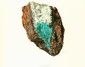 1970 Vintage Aurichalcite Calcite Illustration. Antique Earth Science. Rocks Gemstone Minerals  Framing home decor