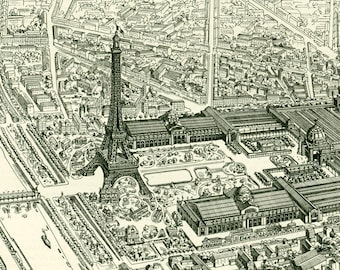 1897  Antique Eiffel Tower Paris Print Larousse Large Size 115 Years. Original Vintage view of Paris.