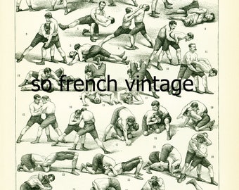 1897 Wrestling. Jiu Jitsu. Antique Martial Art Print. Self Defense print. Larousse illustration.