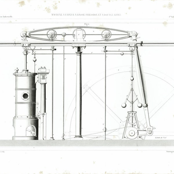 Máquina a vapor de 1843. Publicação Técnica Industrial de Patente de Gravura Antiga. Armengaud. Paris.