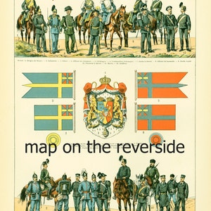 1897 Uniformes da Suécia e Noruega, Mapa e Bandeiras, Placa Original, Larousse Grande Formato, Ilustração 115 anos