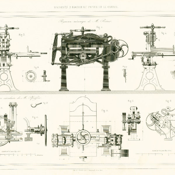 1855 Presse Reliure Imprimerie Machine à rogner le papier et le carton, Gravure Brevet Original, Armengaud "Publication Industrielle".