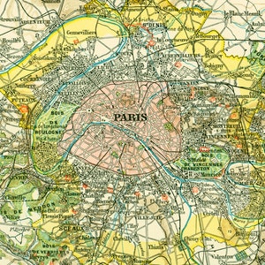 1897 Carte Paris et ses environs Planche Originale Nouveau Larousse illustré Grand Format Illustration 115 ans d'âge