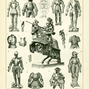 Könnte beinhalten: Eine detaillierte Illustration verschiedener Arten von Rüstungen aus verschiedenen historischen Epochen. Das Bild zeigt vollständige Rüstungen, Helme und Schilde und zeigt die Entwicklung der Schutzausrüstung für Ritter und Krieger.