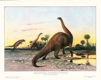 1908 Dinosaurs Brontosaurus Jurassic Landscape Large Antique print Original Antique Fossil Illustration, Paleontology Wall Art.