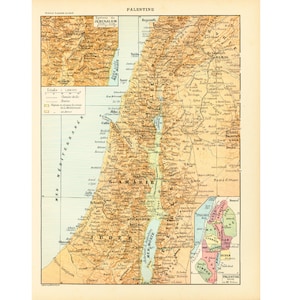 1897 Palestine Carte Ancienne Terre Sainte 12 Tribus Israel Planche Originale Nouveau Larousse illustré Grand Format 115 ans d'âge