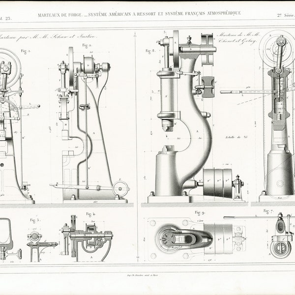 1877 Forge Forgeron Métallurgie Travail du Métal Gravure Ancienne Plan Brevet Publication Industrielle Technique Paris.