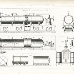 1864 Horno móvil de secado y vaporización de madera. Maquinaria de carpintería y ebanistería. Plano original de Armengaud. Agricultura.