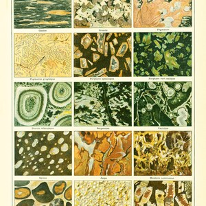 May include: A chart showing different types of rocks, including gneiss, granite, pegmatite, porphyry, diorite, serpentine, variolite, spilite, jasper, meuliere caverseuse, peudingue siliceux, calcaire pisolithique, and calcaire &agrave; entroques.