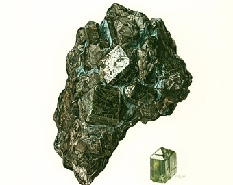 1970 Illustration Vesuvianite. Planche Originale Pierres Mineraux Roches Cristaux. Geologie. Decoration murale.