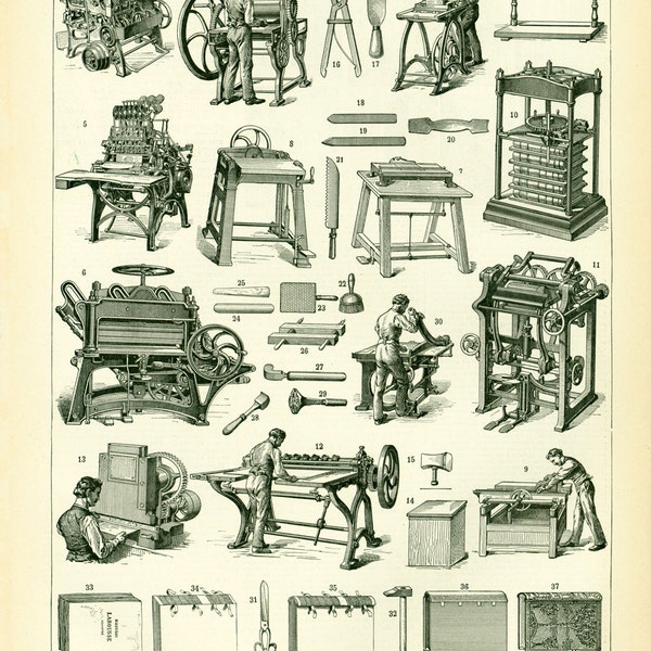 1897 Book Binding Machine Antique Large Size illustration original Larousse print french antique framing