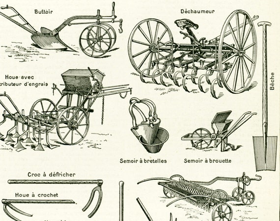 1897 Agriculture Tools, Sowing Machine, Original Antique Print