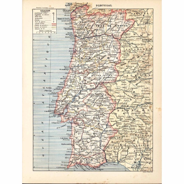 1897 Portugal Carte Ancienne Algarve Planche Originale Nouveau Larousse illustré Grand Format Illustration 120 ans d'âge