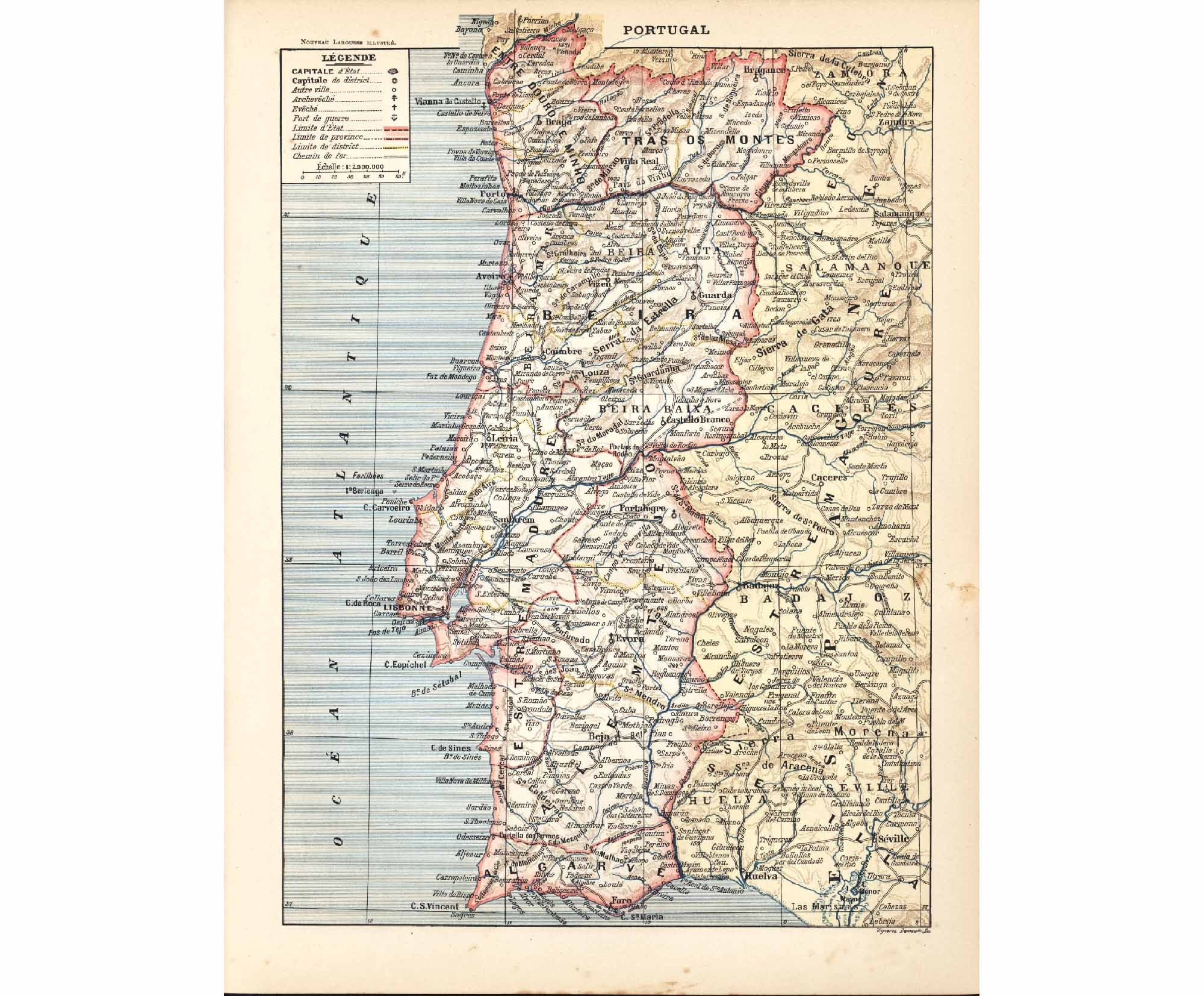 1897 Antique Map of Portugal Lusitania Algarve Alentejo 