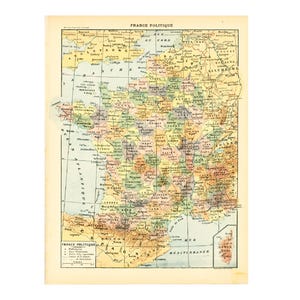 1933 Carte France Historique Départements, Planche originale maison decor vintage histoire géographie politique