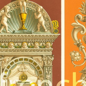 May include: A detailed illustration of a decorative architectural element with cherubs, a chalice, and a scallop shell. The element is framed by a series of arches and columns. The background is a warm orange color.
