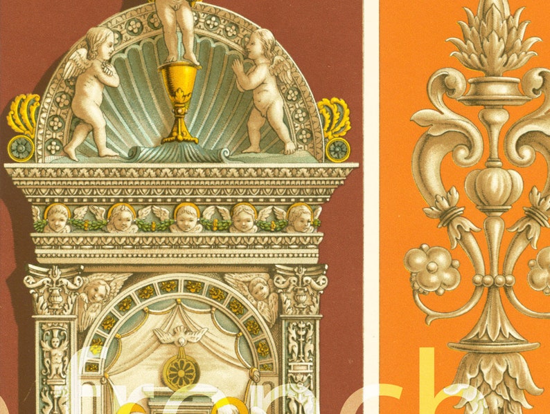 May include: A detailed illustration of a decorative architectural element with cherubs, a chalice, and a scallop shell. The element is framed by a series of arches and columns. The background is a warm orange color.