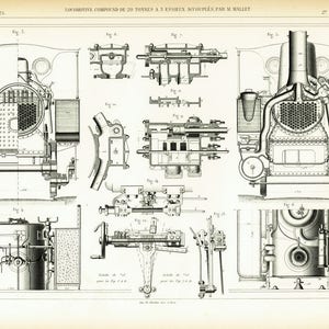 1879 Vintage Steam Locomotives Compound Poster - Classic Steam Train Print - Antique French Steam Locomotive Patent - Railroad Wall Art