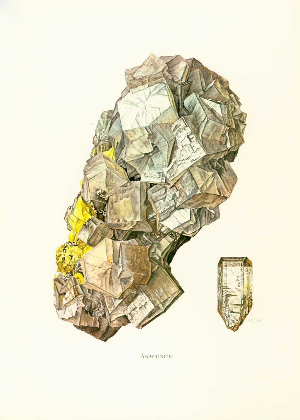 1970 Illustration Aragonite. Planche Originale Pierres Mineraux Roches Cristaux. Geologie. Decoratio