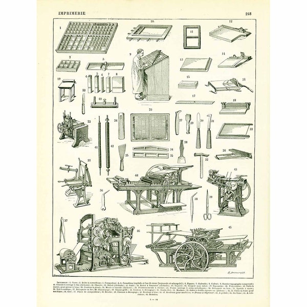 1897 Histoire de l'imprimerie, Livre édition, Planche originale  Larousse Illustration Grand Format 19ème siècle