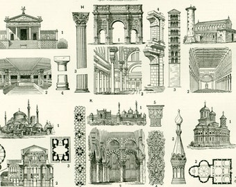 1897 Architecture History, Columns Styles Orders, Large size, Larousse french Vintage