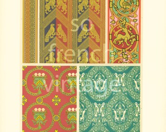 1885 Antique Decorative arts print, XL,Ancient textiles, Racinet, Paris Antiques, 130 YEARS OLD