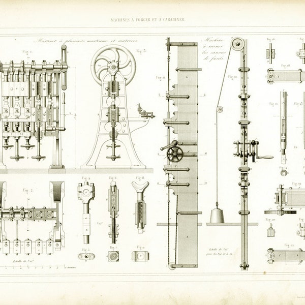 1853 Presse Marteau-pilon Métallurgie Forge Machine à vapeur Gravure Ancienne Brevet Publication Industrielle Technique Paris