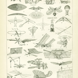 1897 Cometa Avión Hombre Volador Máquinas Voladoras Invención Aviación Larousse Ilustración Gran Formato Siglo XIX Vintage Decoración del Hogar