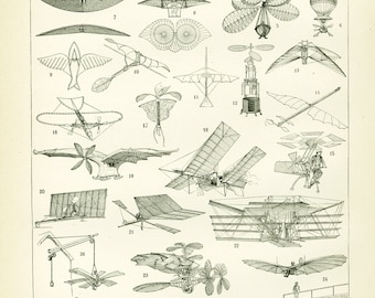 1897 Antique Kite, Aviation, Flying Machine, Antique Large Size illustration, original Larousse print, french antique, framing