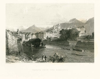 1836 City of Geneva Original Antique Lake Geneva Print Mid 19th Century