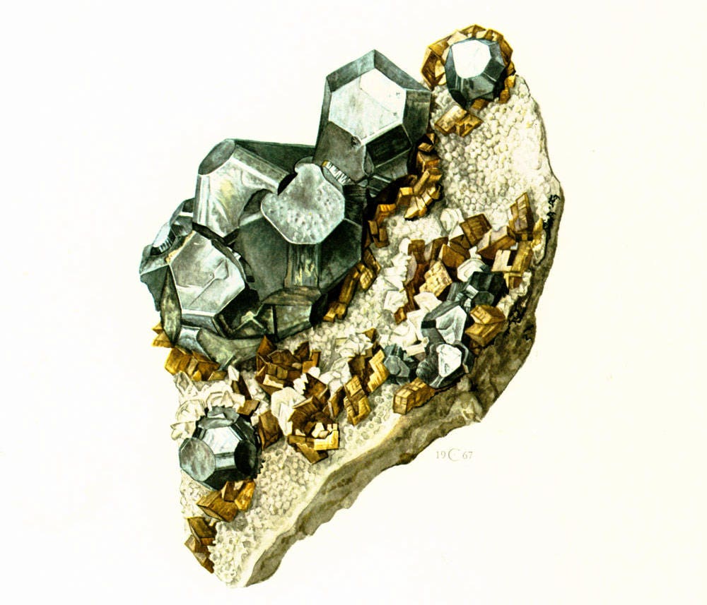 1970 Illustration Galène Pyrite Dorée Planche Originale Pierres Mineraux Roches Cristaux. Geologie. 