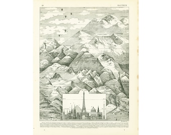 1897 Altitude Chart Print Height Eiffel Tower Empire State Building Mountains Original Antique Print Vintage Larousse