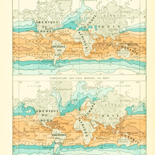 1897 Antique Weather Map Temperature Climate Change Larousse Print Large Size 115 YEARS OLD Scientific Wall Art