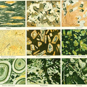 Puede incluir: Una colección de nueve imágenes que muestran diferentes tipos de rocas y minerales, incluyendo gneis, granito, pegmatita, pórfido, serpentina y variolite.