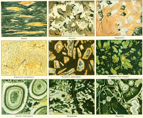 1897 Roches Minerais Calcaire Granit Porphyre Gravure Ancienne Nouveau Larousse illustré Grand Format 115 ans d'âge