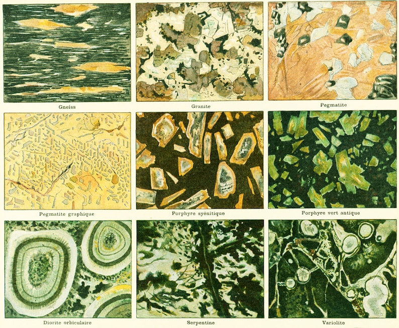 May include: A collection of nine images showing different types of rocks and minerals, including gneiss, granite, pegmatite, porphyry, serpentine, and variolite.
