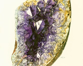 1970 Geode Amethyst Precious Stones. Vintage geology Illustration. Earth Gemstone Wall Art.