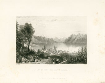 1836 City of Brig, Swiss canton of Valais, Ascent of the Simplon. Original Antique Mid 19th Century Engraving Lithograph