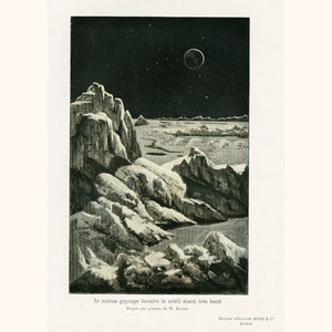 1908 Mondlandschaften. Mondkarte. alte Illustration Originalplatte Astronomie